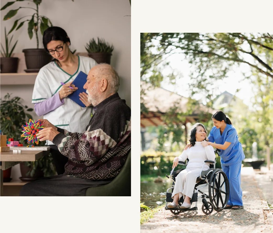 A caregiver and older adult sharing a calm moment outdoors